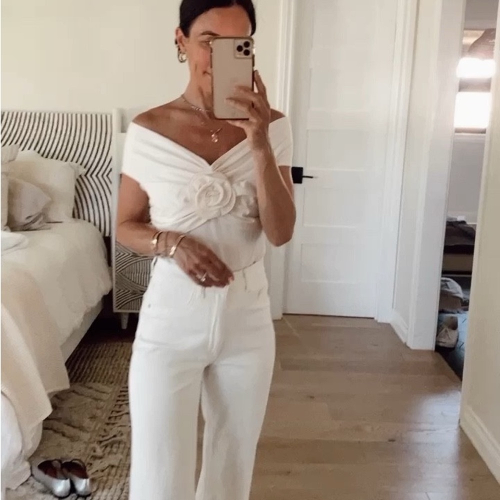 Reformation Emerald Knit Off Shoulder Rosette Top in Ivory XL